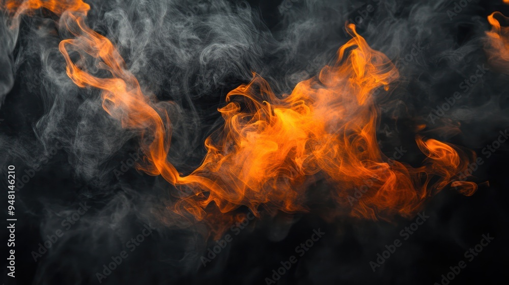 Poster a mesmerizing display of orange flames intertwined with wisps of smoke on a dark background, creatin
