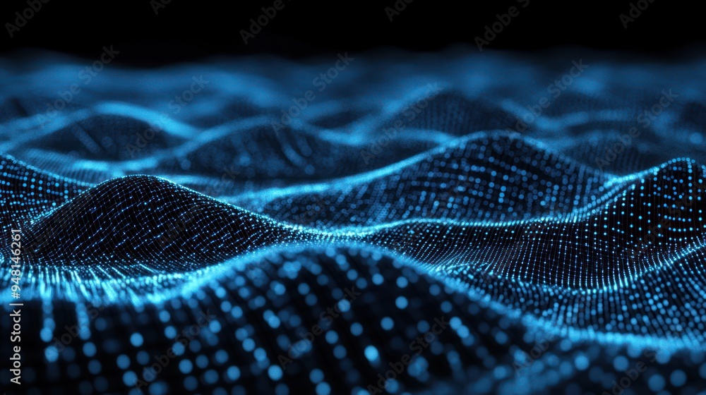 Poster abstract representation of a digital landscape with luminous blue waves and point patterns, evoking 