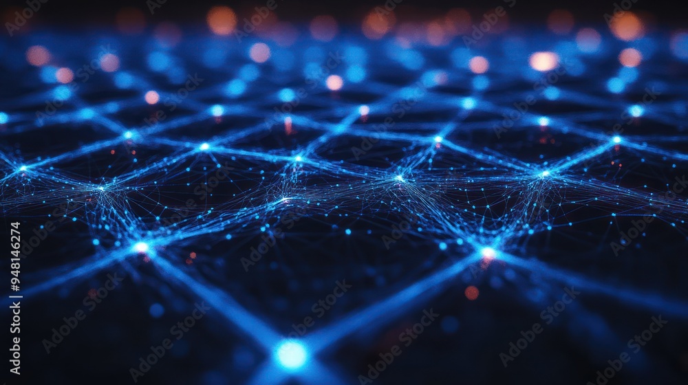 Poster a mesmerizing blue grid network displaying intricate connections and glowing nodes, symbolizing digi