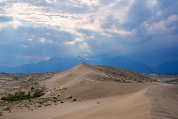 Sunlit desert dunes under a dramatic cloudy sky