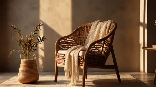 Warm sunlight filters through a  and minimalist interior with a cozy armchair and woven decor, making a perfect abstract, best-selling background