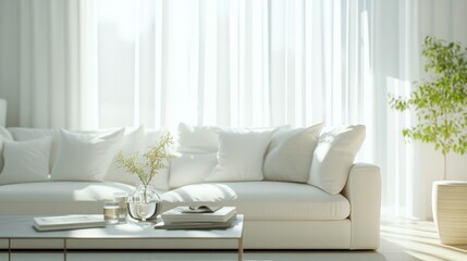 Fototapeta premium Elegant living room interior with a pristine white sofa and chic coffee table, set against a backdrop of light colors and abundant natural light.