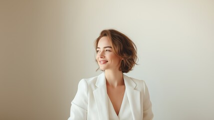 Portrait of a young Caucasian woman with short brown hair, smiling while looking away, dressed in a white blazer. The background is light and neutral.