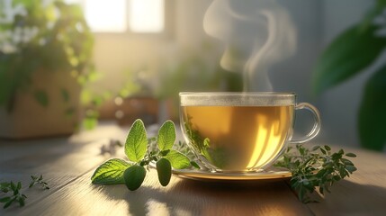 Steaming Organic Herbal Tea in Ceramic Cup with Fresh Herbs on Wooden Surface