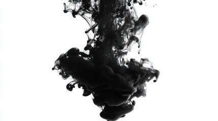 Abstract black ink swirling in water, creating dynamic shapes and textures against a bright white background.