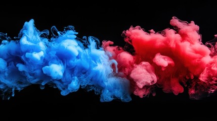 Fototapeta premium Vibrant blue and red smoke swirling against a black backdrop, creating a dynamic and captivating visual effect.