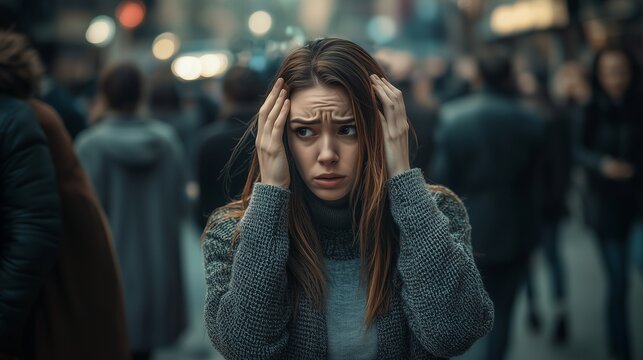 Panic attack in public place. woman having panic disorder in city. psychology solitude fear or mental health problems concept. depressed sad person surrounded by people walking in busy street.