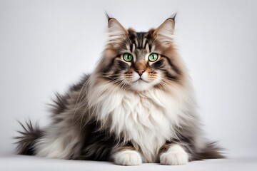 A fluffy norwegian forest cat with a bushy tail and bright green eyes sitting elegantly on a white background, AI Generated