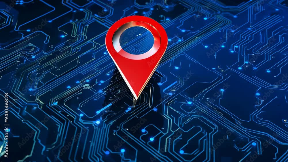 Poster exploring the significance of a red map pin on a digital circuit board layout