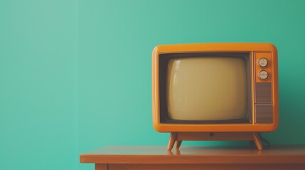 Retro old orange tv receiver on table front gradient aquamarine wall background. vintage style filtered photo.