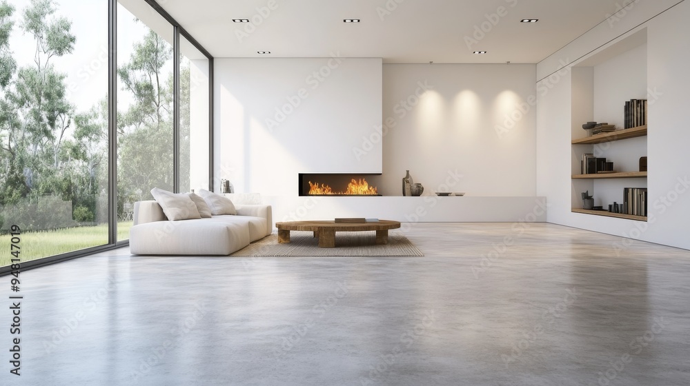Aufkleber the design of this minimalistic living room with a fireplace and concrete walls was created using ge