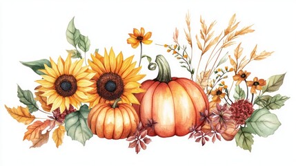 A vibrant autumn arrangement featuring sunflowers, pumpkins, and assorted fall foliage.