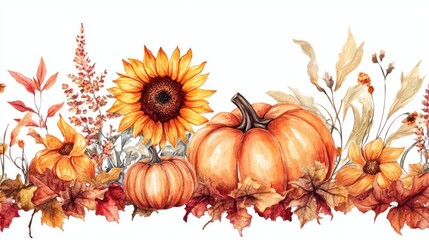 Naklejka premium A vibrant autumn scene featuring orange pumpkins, a sunflower, and colorful fall leaves.