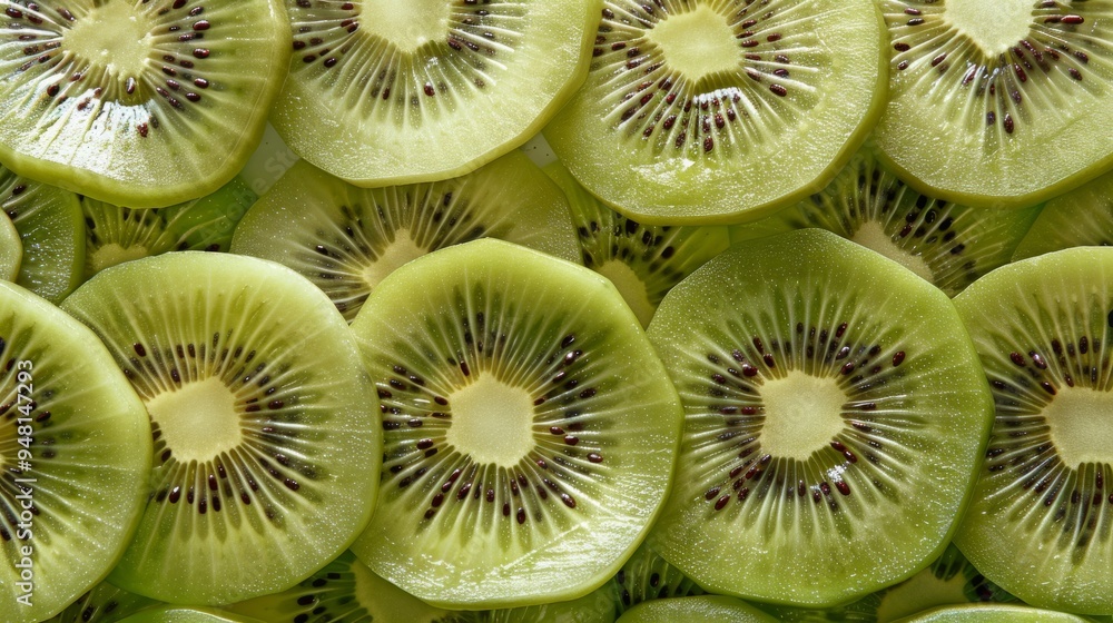 Poster fresh kiwi fruit halves arranged neatly with detailed texture visible