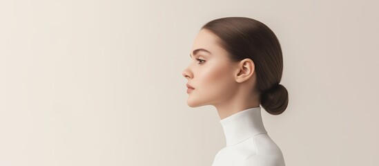 Side profile of a young woman with brown hair in a sleek bun, wearing a white high-neck top against a plain background.