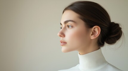 Side profile of a young woman with a bun, wearing a white high-neck top, set against a soft, neutral background.