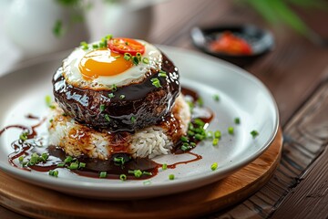 Delicious grilled beef patty topped with a fried egg and garnished with green onions served on rice