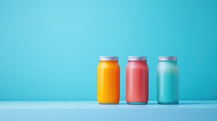 Colorful jars filled with delicious drinks on a bright blue background, perfect for showcasing vibrant beverage options.