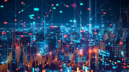 Naklejka premium Abstract Digital Finance Charts and Graphs Overlaying Cityscape Symbolizing Market Trends and