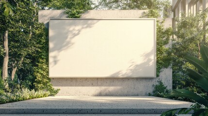 Large billboard with a blank space for ads, framed by greenery and a stairway, set on a speckled concrete surface, offering a prime spot for promotional material.