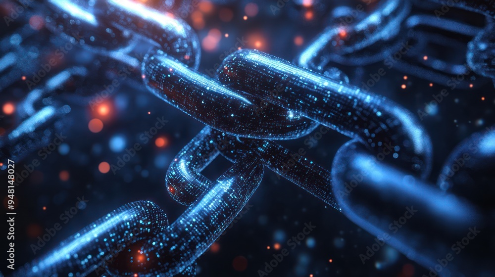Poster a close-up of digital chain links glowing in blue and orange, symbolizing connection and security in