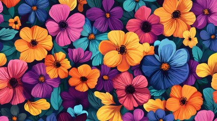 Fototapeta premium A vibrant floral pattern featuring colorful flowers in shades of purple, orange, and blue, creating a lively and cheerful ambiance.