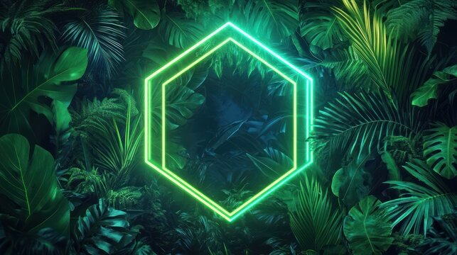 Vibrant green tropical foliage with a glowing hexagon frame emphasizing nature�s beauty and modern design.
