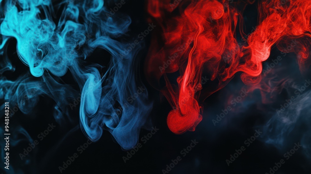 Poster vibrant blue and red smoke intertwining against a dark backdrop, creating a dynamic and artistic vis