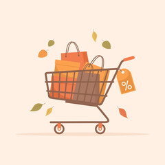 Shopping cart full of shopping bags and boxes with a falling autumn leaves around. Autumn sale banner. Flat vector illustration