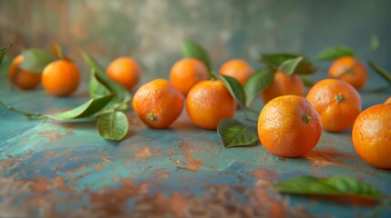 Fresh tangerines scattered on a textured surface with vibrant orange colors and green leaves in the...