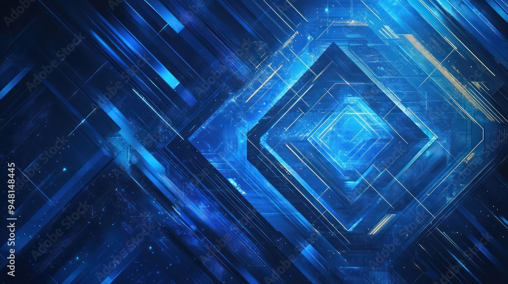 Poster futuristic abstract design with blue geometric patterns and glowing lines.