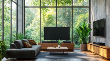 A minimalist interior design of a mid-century loft home in a living room with morning sunlight streaming through the windows.