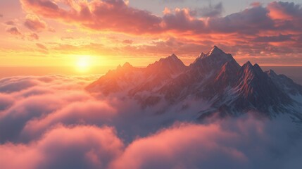 Breathtaking views from mangart peak at stunning sunrise. peaks above clouds.