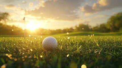 A close-up view of a golf ball on lush green grass during sunset, evoking a serene and tranquil mood.
