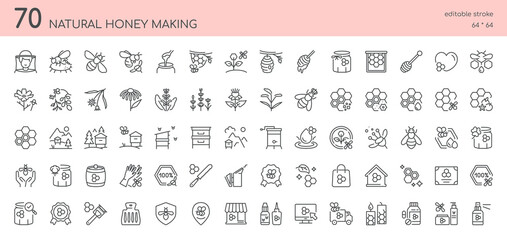 Natural Honey Making Icons Set. Collection of 70 Editable Vector Icons Elements of Raw Honey Production, Including Beehives, Honeycombs, Bees, Tools, Beekeeping and Organic Honey Farm Practices.