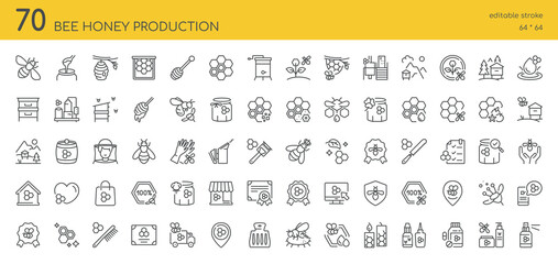 Bee Honey Production Icons Set. 70 Editable Vector Icons, Various Aspects of Beekeeping and Honey Production, Apiary Business, Beehives, Honeycombs, Bees, Honey Jars, Beekeeper Equipment, Flowers.