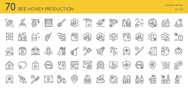 Bee Honey Production Icons Set. 70 Editable Vector Icons, Various Aspects of Beekeeping and Honey Production, Apiary Business, Beehives, Honeycombs, Bees, Honey Jars, Beekeeper Equipment, Flowers.