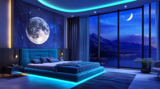 Luxury bed room with moon theme at night and dreamy lighting