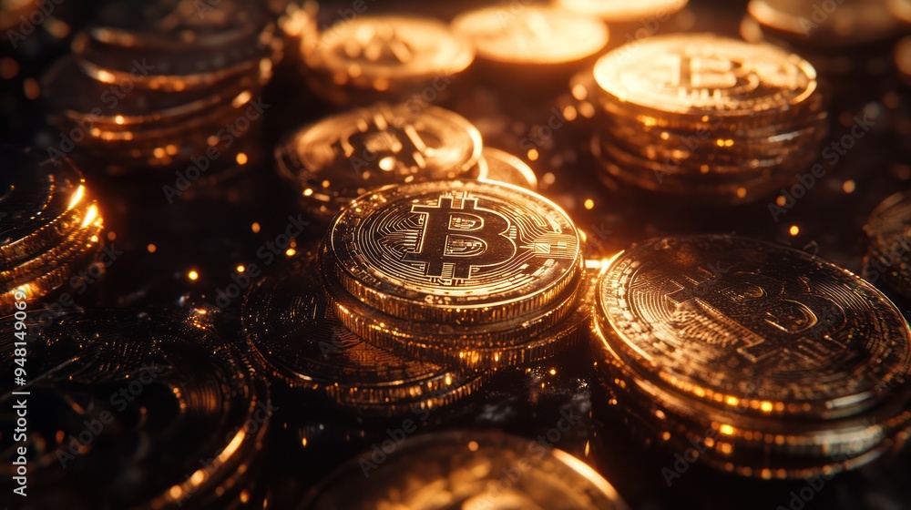 Poster close-up of shiny gold bitcoin coins stacked to create a rich and vibrant scene, emphasizing the all