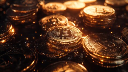Close-up of shiny gold Bitcoin coins stacked to create a rich and vibrant scene, emphasizing the allure of cryptocurrency.