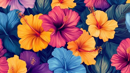 A vibrant arrangement of multicolored hibiscus flowers in shades of pink, yellow, and blue against dark green foliage.