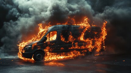 A black van engulfed in flames, surrounded by thick smoke, creating a dramatic and intense scene.