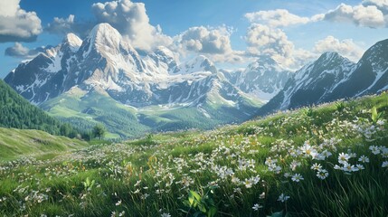 Idyllic mountain scenery in the alps with blooming meadows in springtime. © Ace64 Studio
