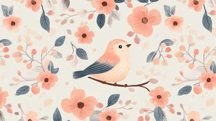 A charming illustration of a small bird perched on a branch amidst pastel flowers and leaves.