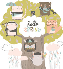 Cute animals sit on spring tree on white background