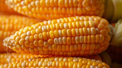 Golden corn ears stacked together showing intricate details of kernels