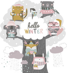 Cute animals sit on winter tree on white background