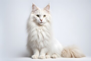 A fluffy turkish angora cat with long white fur and odd colored eyes sitting gracefully on a white, AI Generated