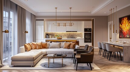 Luxurious interior design living room and white kitchen. open plan interior.