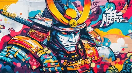 Obraz premium Vibrant street art featuring a muscular male samurai in full armor against a colorful backdrop.